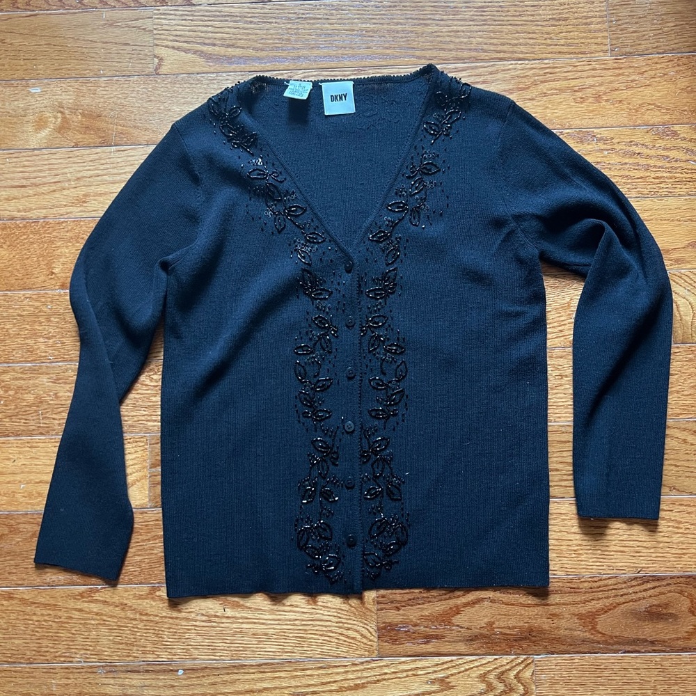 DKNY Black Embellished Sequin Cardigan Size Small
